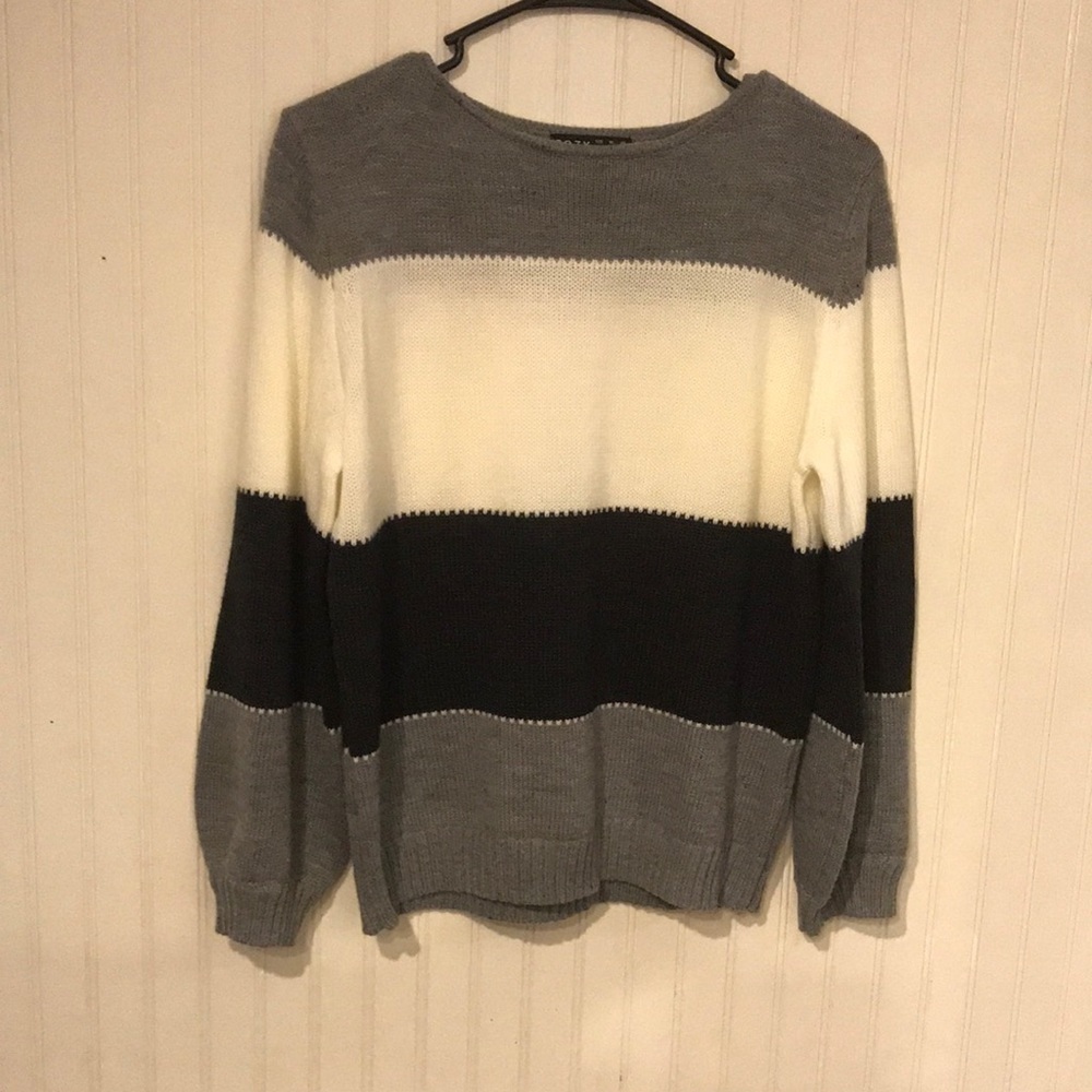 C.O.Z.Y Grey/Black/white striped round neck long sleeve sweater size 10